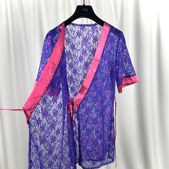 Vintage Purple Lace Wrap Robe Pink Satin Trim 80s Lingerie - Picture 14 of 16